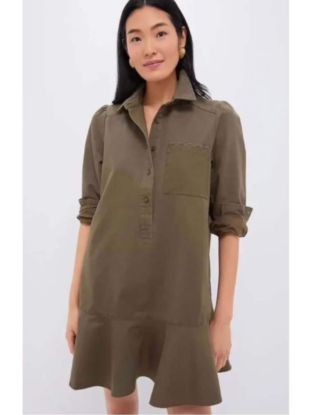 Tuckernuck Dress Callahan Chino Scallop Flounce Hem Mini in Army Green